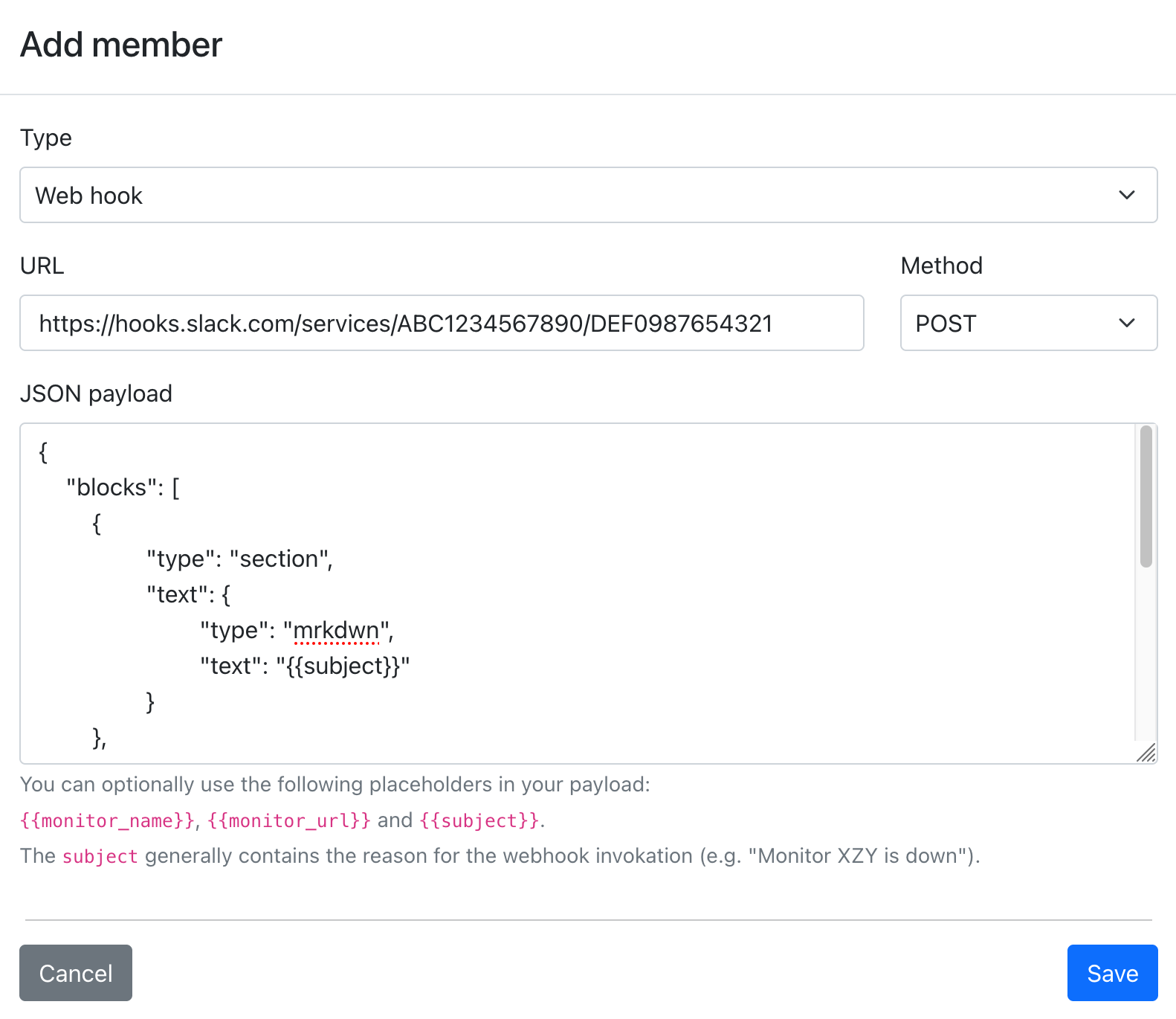 Web hook configuration